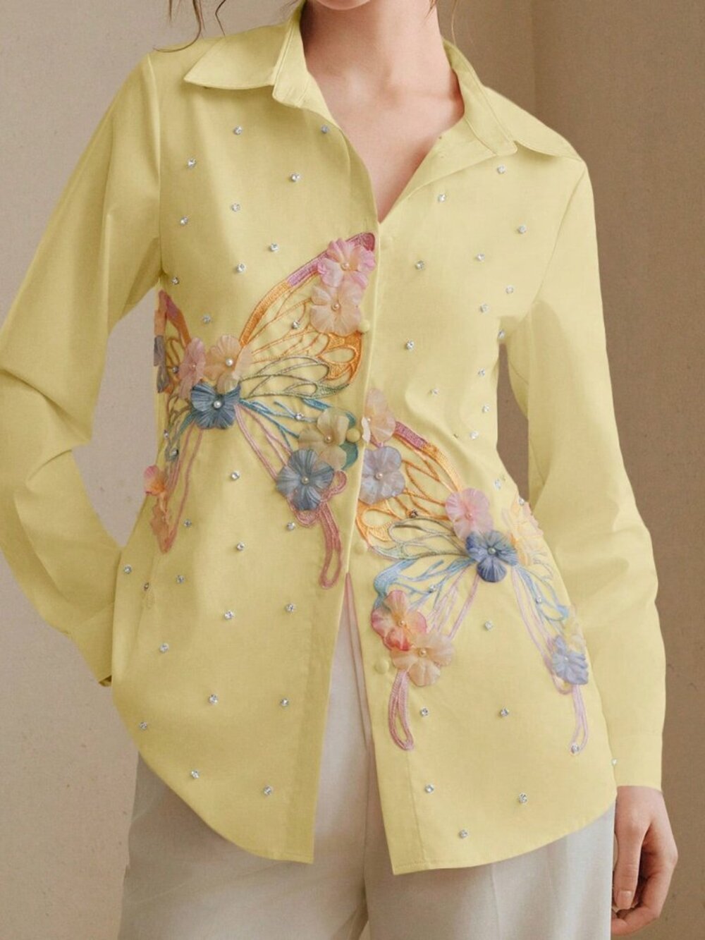 Yellow Casual Women's Long Sleeve Embroidered Rhinestone Butterfly Blouse